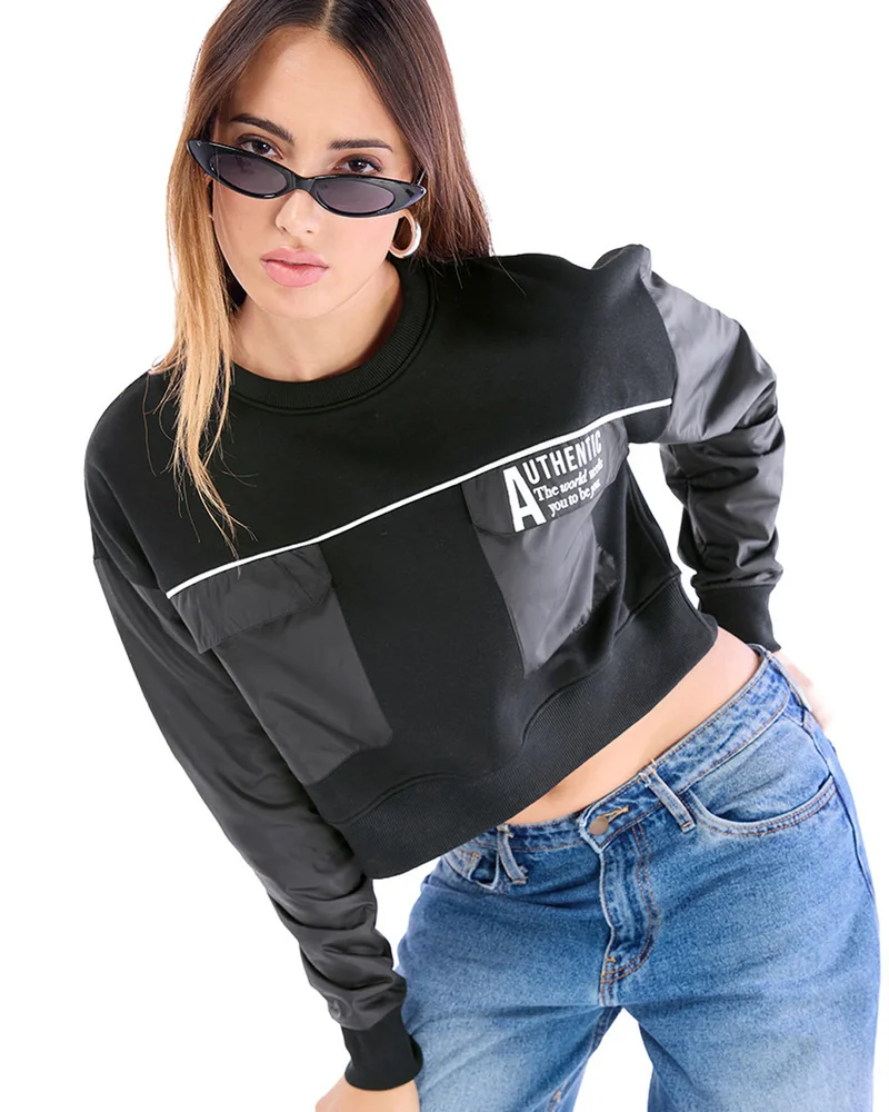 بيواكوف Women's Black & Grey Typography Oversized Crop Sweatshirt